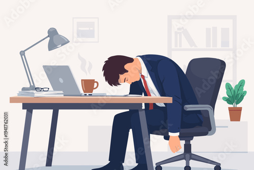 Exhausted businessman in a blue suit sitting at his office desk with head down, feeling tired and overworked. Flat vector illustration of professional burnout, fatigue, and stress at work.