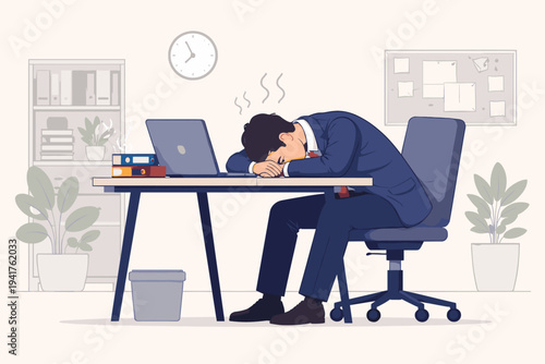 Exhausted businessman in a blue suit sleeping at his office desk with head down, feeling burnt out and tired after long working hours, flat vector illustration of professional stress and fatigue.