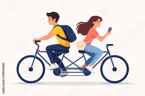 Flat vector illustration of a young couple riding a tandem bicycle in opposite directions; man pedaling forward while woman sits backward looking at her smartphone, relationship disconnect theme