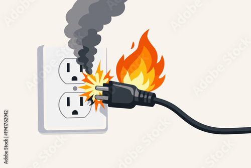 Vector Illustration of an Electrical Fire Caused by a Faulty Wall Outlet and Plug Short Circuit with Flames, Smoke, and Sparks. Concept of Home Safety, Fire Hazard, and Dangerous Wiring Risks.