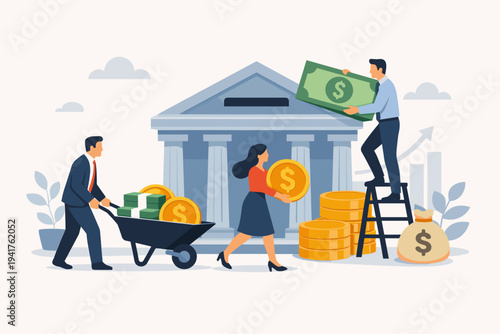 Business People Making a Large Cash Deposit into a Bank Building with Coins, Bills, and Money Bags, Flat Vector Illustration Representing Financial Growth, Savings, Investment, and Capital Management.