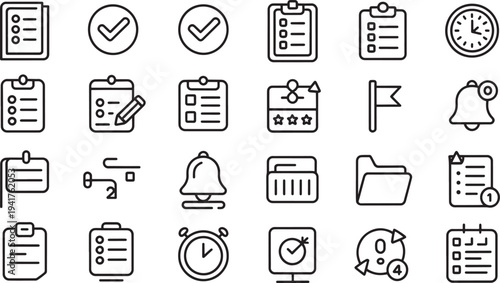 Black and white of checklists, clocks, folders, and notifications clipboard checkmark