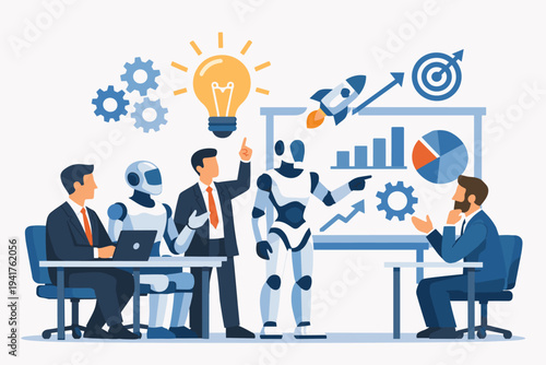 Businessmen and humanoid robots working together on a strategic business plan, brainstorming innovative ideas with data charts, lightbulb, and rocket icons in a professional flat vector style.