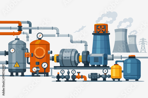 Flat vector illustration of an industrial power plant featuring complex piping, storage tanks, pressure gauges, turbines, and cooling towers emitting smoke for energy production and engineering.