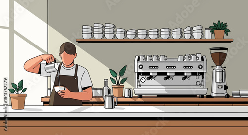 Barista making coffee at a coffee shop counter.