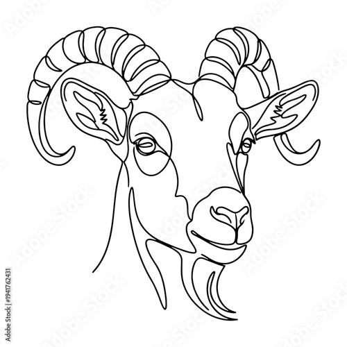 Minimalist one line drawing of a majestic horned goat's head, perfect for rustic designs, farm themes, or simple animal illustrations. Vector artwork for web and print applications.