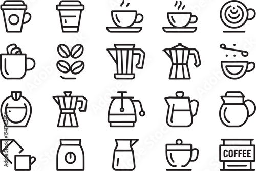 Black and white of coffee and equipment arranged in a grid