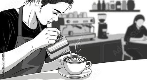 Barista making latte art in a coffee shop.