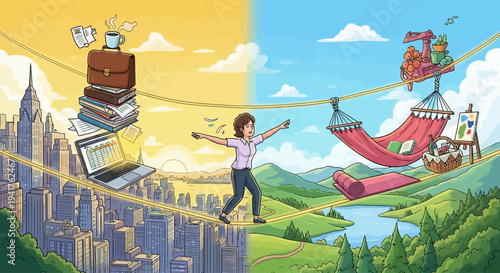 Balancing work life and leisure time on a tightrope.