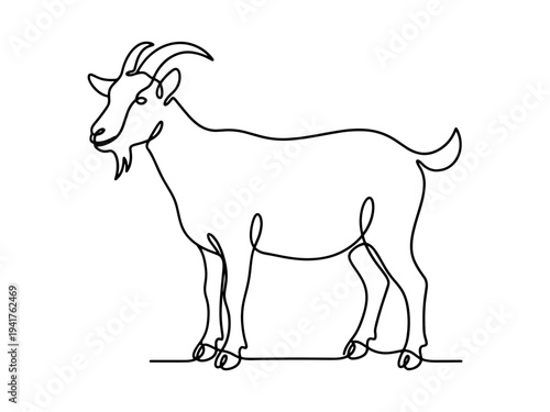 Minimalist one line art drawing of a standing goat, perfect for logo designs, farm animal themes, nature concepts, or modern graphic elements. Simple black and white vector illustration.