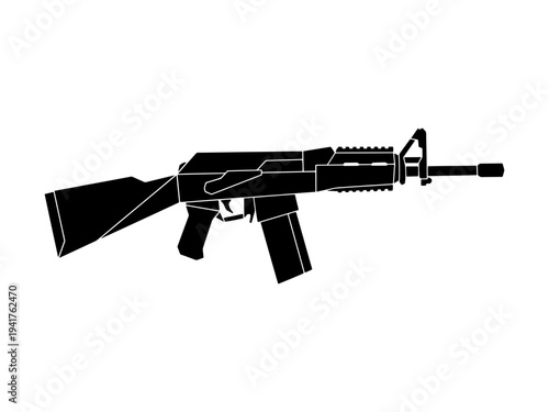 High-quality black vector silhouette of a modern automatic assault rifle, ideal for military, security, defense, or abstract design projects requiring weapon imagery.