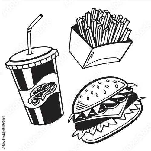 A comprehensive set of fast food icons featuring a burger, pizza, and soda cup vector illustration for restaurant meal design