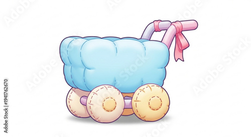 Baby stroller with blue puffy seat and pink bow on transparent background