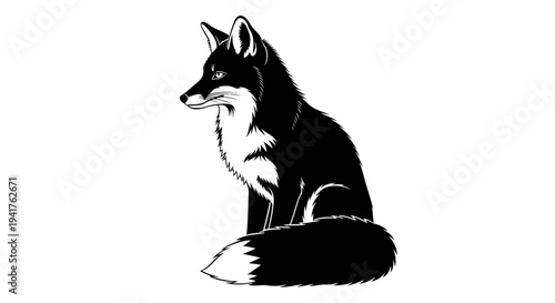 Black and white fox sitting majestically, showcasing its elegant wild animal form.