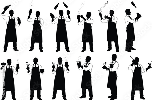 Bartender mixing cocktails silhouette set showing professional bar drink preparation and cocktail shaking techniques