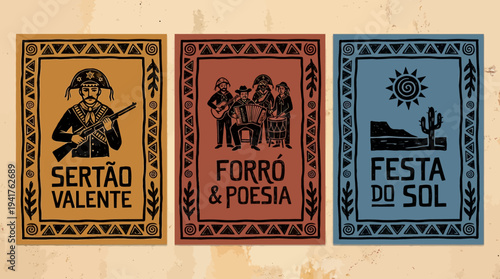 Set of Three Brazilian Northeastern Culture Posters in Woodcut Xilogravura Style, Featuring Cangaceiro, Forró Music Band, and Sertão Landscape Folk Art Illustrations