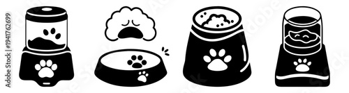 Black and white pet feeding set with cat and dog bowls, minimalist design, flat lay kitchen accessories, isolated on white background