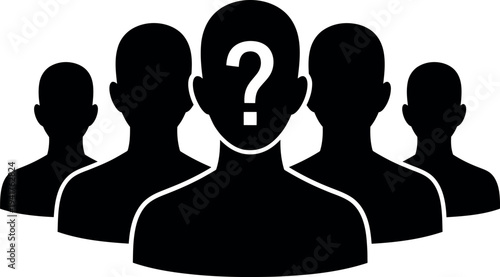 Black silhouettes of people with one person having a question mark on their head