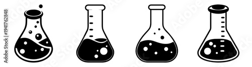 Four laboratory flasks with black liquid and bubbles in scientific experiment setup isolated on white background