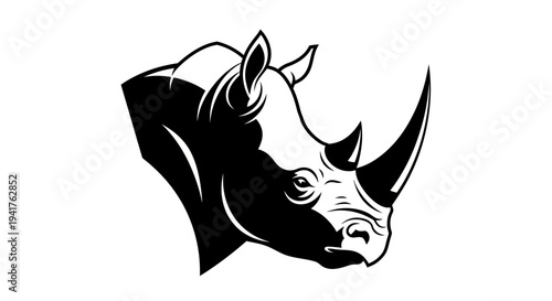Black and white illustration of a rhinoceros head.