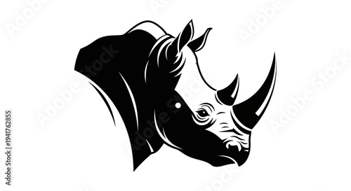 Black and white illustration of a rhinoceros head.