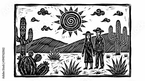 Black and White Linocut Style Desert Landscape with Couple, Saguaro Cacti, and Stylized Sun in Traditional Folk Art Aesthetic