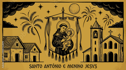 Brazilian Folk Art Style Illustration of Saint Anthony and Baby Jesus with Church and Rural Landscape in Cordel Woodcut Technique