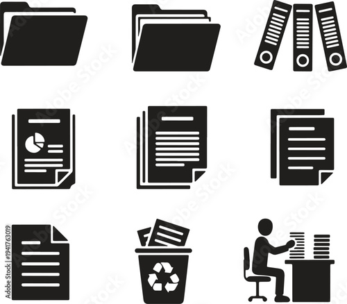 Illustration of set of document and file management glyph icons