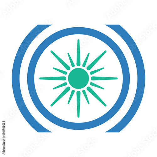 Blue and green circular logo with sun symbol on white background representing energy and optimism