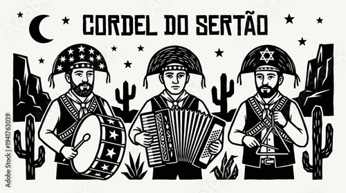 Brazilian Northeast Folk Art Woodcut Illustration of Forró Trio Musicians in Sertão Landscape with Accordion Zabumba and Triangle - Cordel Style