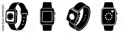 Smartwatch collection isolated on white background modern wearable tech digital fitness tracker black and white minimalist design vector illustration