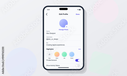 A modern mobile app interface for editing a user profile is shown on