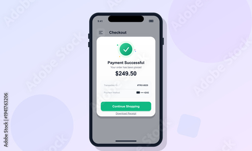 A digital illustration of a smartphone displaying a payment success