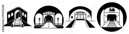 Modern subway train station interior design with arched ceilings and minimalist architecture in black and white line art
