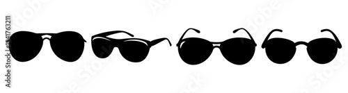 Set of five stylish black sunglasses with aviator and wayfarer designs on white background for fashion and summer accessories