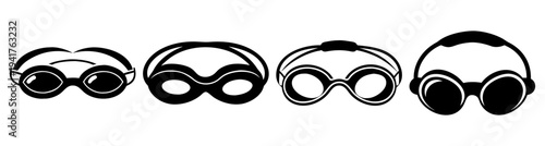 Set of four black minimalist headphones and sunglasses icons on white background for technology and fashion design