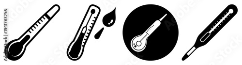 Medical thermometers and clock icons set flat design healthcare temperature time checkup tools vector illustration