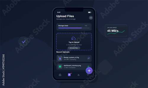 A smartphone displays a dark mode mobile application interface for