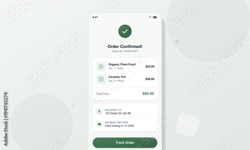 A clean mobile application interface displays an order confirmation