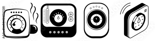 Set of four vintage analog sound level meters with lightning and volume icons isolated on white background for audio technology and music production