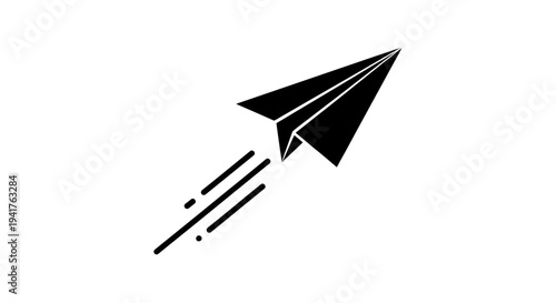 Black paper airplane flying fast with motion lines.