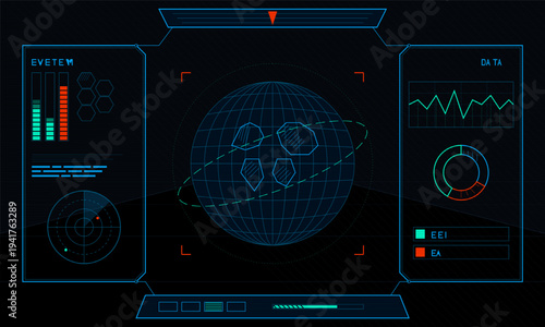 A futuristic digital interface featuring a central wireframe globe
