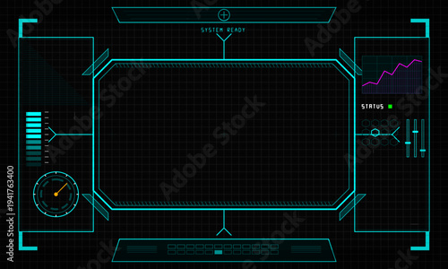 A futuristic digital head-up display interface featuring a central