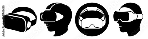 Set of four modern black and white VR headsets isolated on transparent background for technology and gaming innovation
