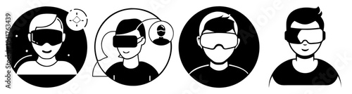 Four diverse professionals wearing face masks illustration minimalist black and white vector portrait set health safety pandemic protection