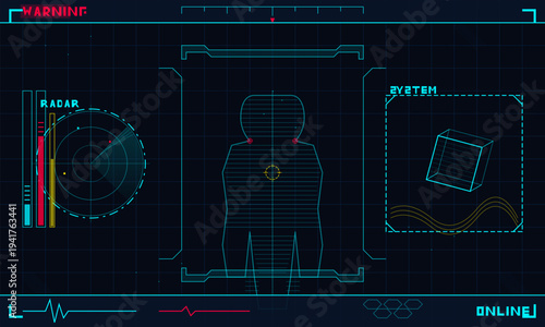 A futuristic digital head-up display interface featuring a human