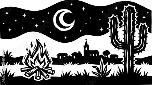 Southwestern Desert Night Landscape with Campfire, Saguaro Cactus, and Village Silhouette under Crescent Moon, Woodcut Style Graphic Illustration