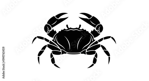 Black silhouette of a crab with claws raised.