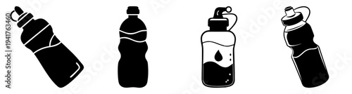 Set of four reusable water bottles with sports caps isolated on white background eco-friendly hydration fitness lifestyle