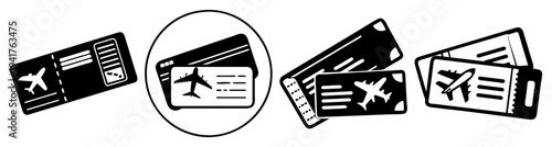 Set of modern flat design airplane tickets with boarding passes and travel documents in black and white vector illustration